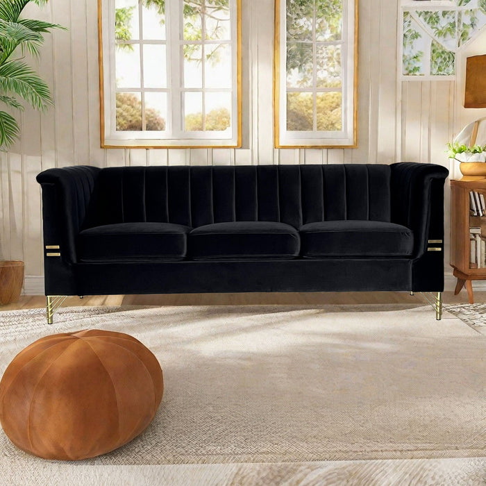 Fx-P82-Bk (Sofa) Modern Sofa Couches For Living Room, Velvet Tight Back Chesterfield Design Couch Upholstered Sofa With Metal Legs Decor Furniture For Bedroom - Black