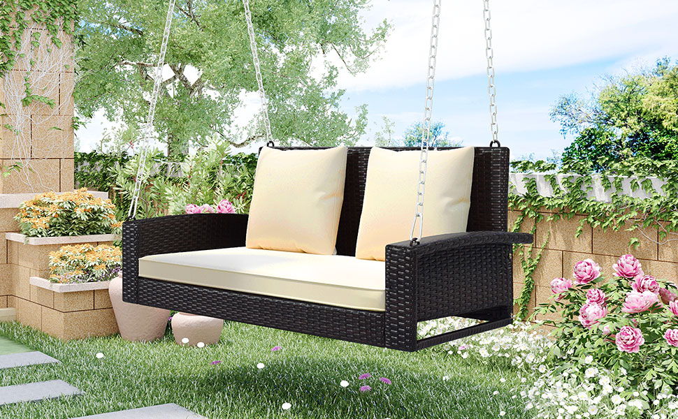 2 Person Wicker Hanging Porch Swing With Chains, Cushion, Pillow, Rattan Swing Bench For Garden, Backyard