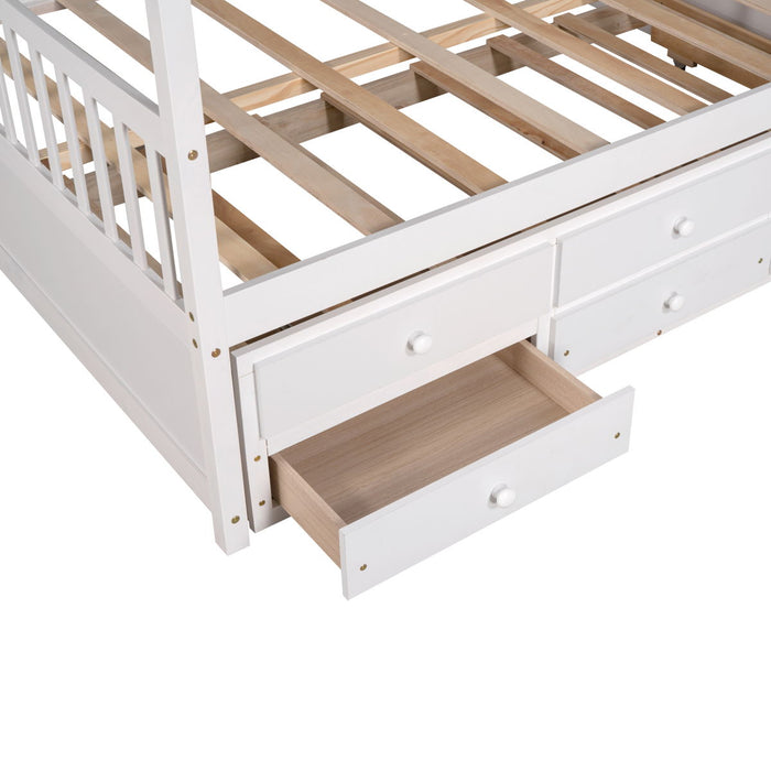 Full Size Wooden House Bed With Trundle And 3 Storage Drawers - White