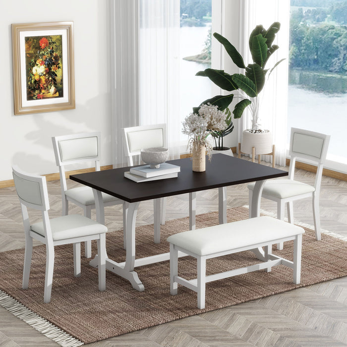 Topmax - 6 Piece Farmhouse Trestle Dining Table Set With Upholstered Dining Chairs And Bench - White