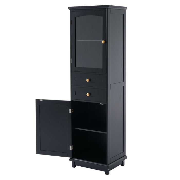 Tall Bathroom Storage Cabinet With Glass Doors, Free-Standing, Two Drawers, And Adjustable Shelves, MDF Board, Painted Perfect For Displaying Your Favorite Items