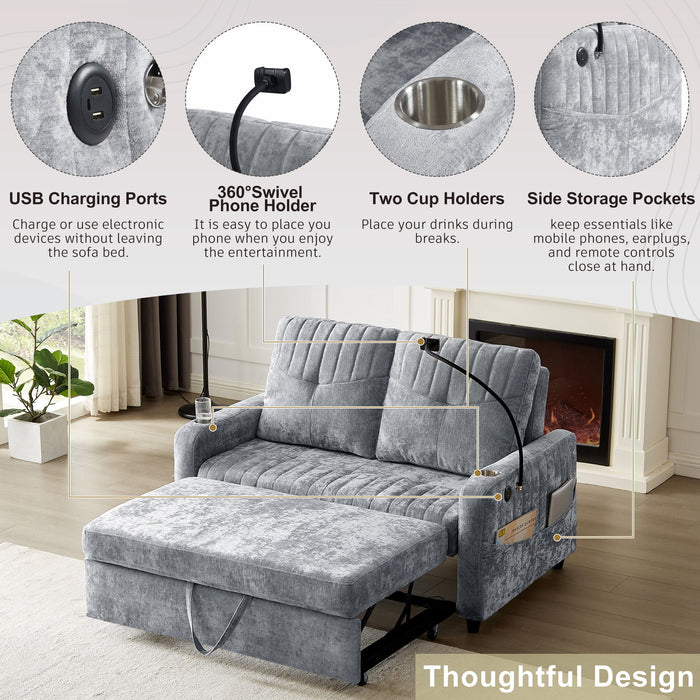 Modern Loveseat Pull Out Sofa Bed With Adjustable Backrest, Two Cup Holders, A Phone Holder, Three Charging Ports And Side Storage Pockets For Living Room