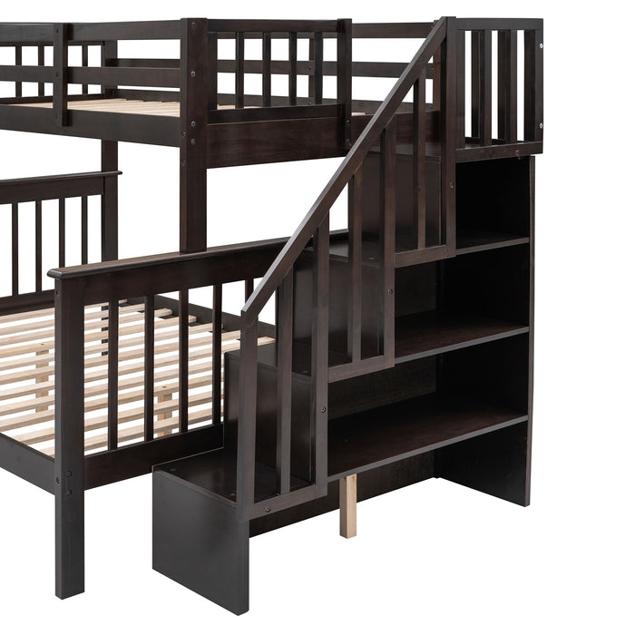 Twin Over Full Stairway Bunk Bed With Drawer, Storage And Guard Rail For Bedroom, Dorm, For Adults