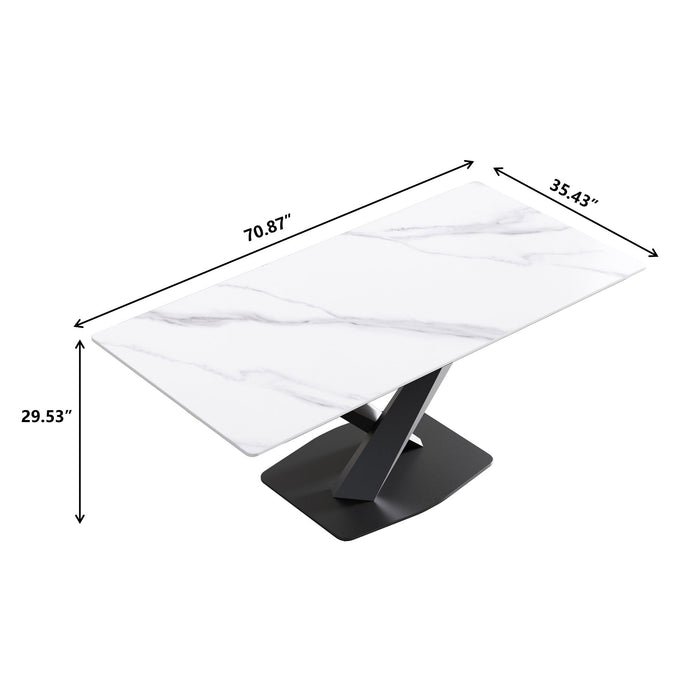 70.87" Modern Artificial Stone White Straight Edge Black Metal Leg Dining Table, Can Accommodate 6-8 People - White