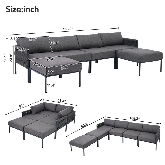 6 Pieces Aluminum Patio Furniture Set, Modern Metal Outdoor Conversation Set Sectional Sofa With Removable Olefin Extra Thick Cushions Cushion - Gray