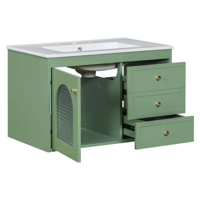 Elegant Floating Bathroom Vanity Sink And Cabinet Combo 1 Door And 2 Drawers - Green