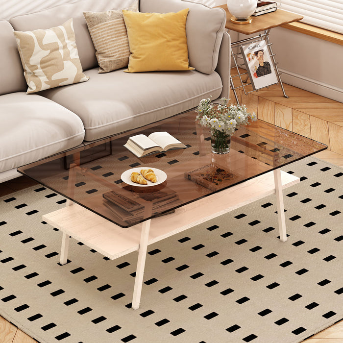 Rectangle Coffee Table, Tempered Glass Tabletop With Metal Legs, Modern Table For Living Room - Brown