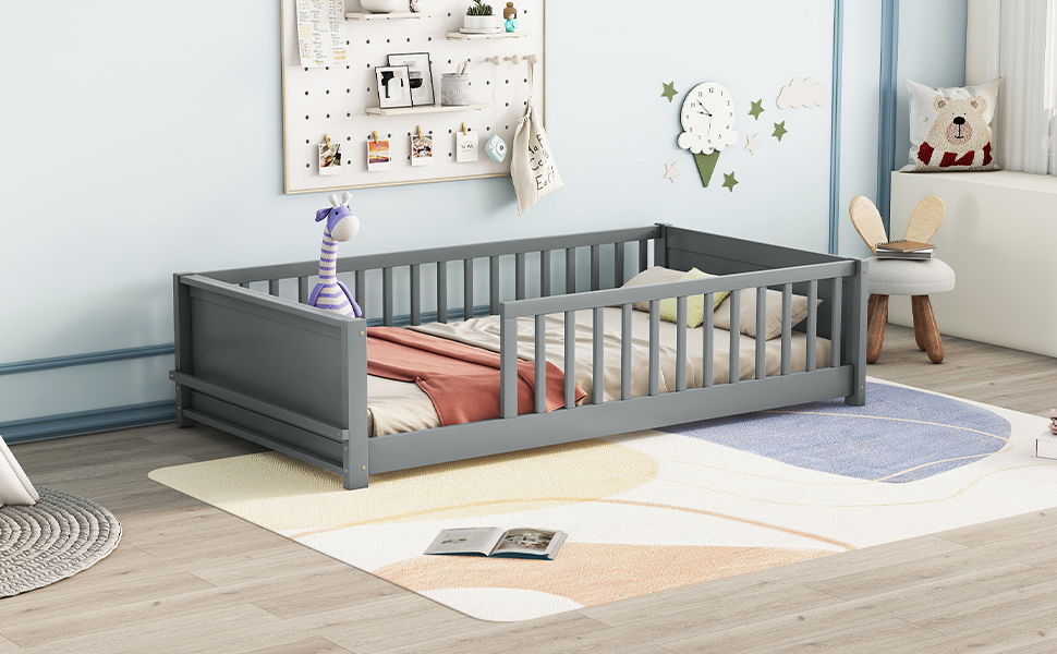 Floor Platform Bed With Built-In Book Storage Rack