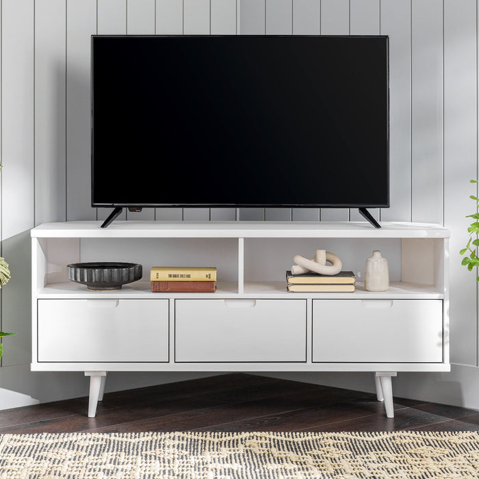 Mid-Century Modern Minimalist 3 Drawer Corner TV Stand For TVs Up To 58 - White