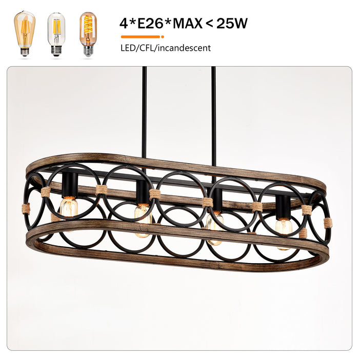 4 Light Rectangular Ellipse Pendant Lights Kitchen Island, Metal Farmhouse Kitchen Pendant Lights, Adjustable Height, Modern Industrial Chandelier For Living Room, Dining Room - Matte Black / Natural