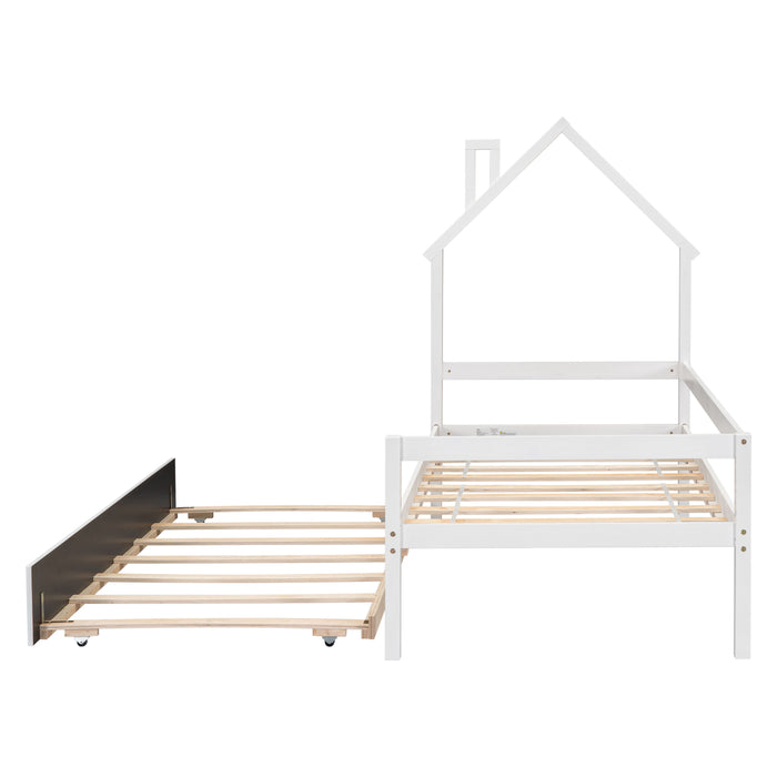 House Wooden Daybed With Trundle, House-Shaped Headboard Bed With Guardrails