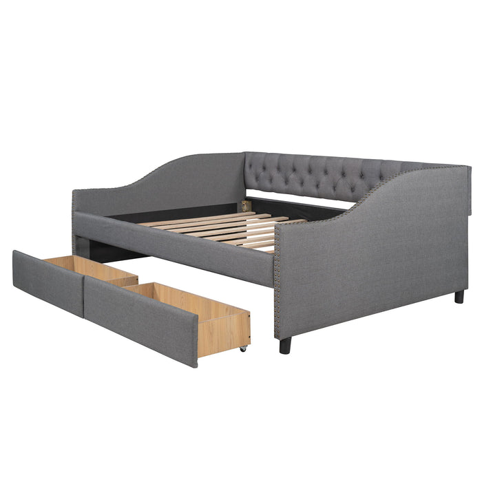 Full Size Upholstered Daybed With Two Drawers, Wood Slat Support