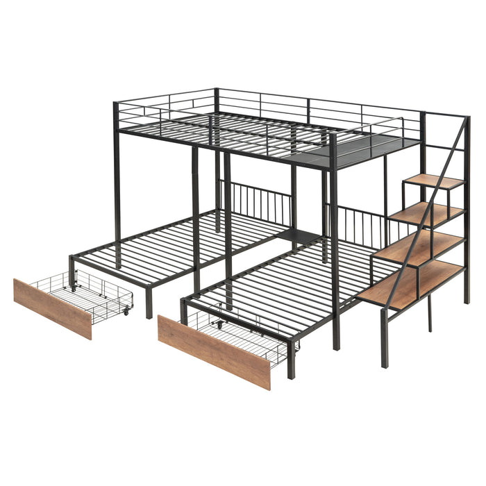 Full Over Twin-Twin Triple Bunk Bed With Drawers And Staircase - Black