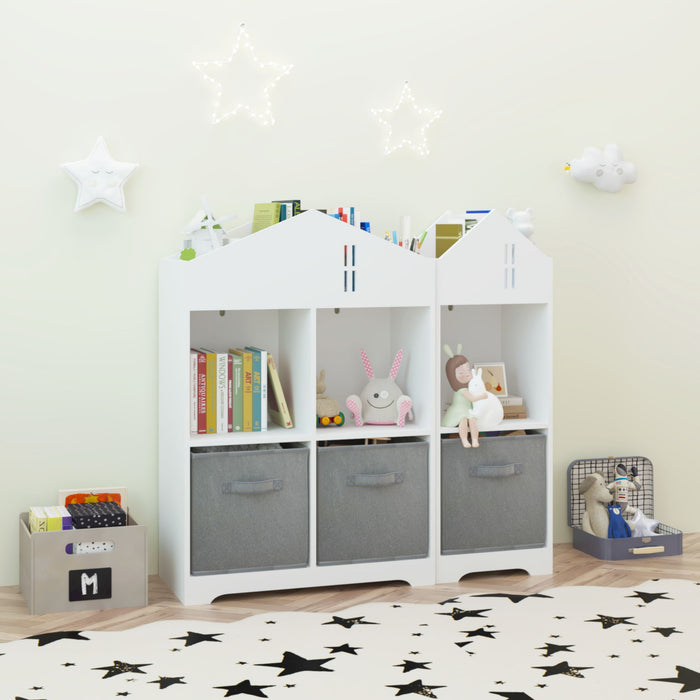 Kids Dollhouse Bookcase With Storage, 2-Tier Storage Display Organizer, Toddler Bookshelf With Collapsible Fabric Drawers For Bedroom Or Playroom - White / Gray
