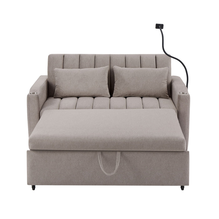 Convertible Sofa Bed Loveseat Sofa With Three USB Ports, Two Side Pockets, Two Cup Holders And 360° swivel Phone Holder For Living Room