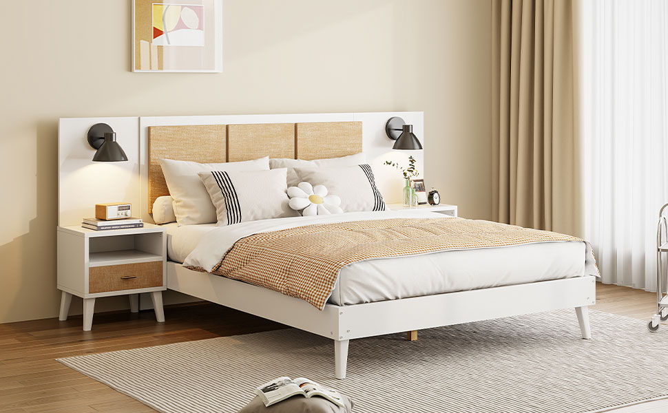 Solid Wood Bed Frame With 2 Nightstands, Elegant Design With Lamps, Rattan And Wood Combination