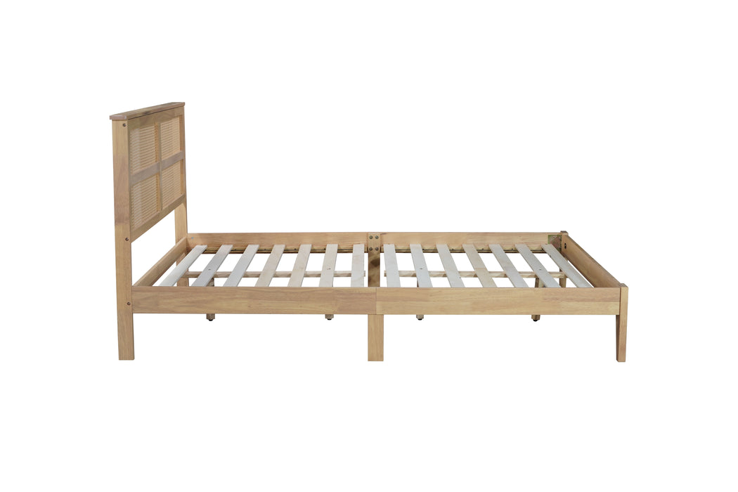 Queen Size Rubber Wooden, Solid Wooden Bed With Rattan Headboard, Enhanced By Support Feet - Natural