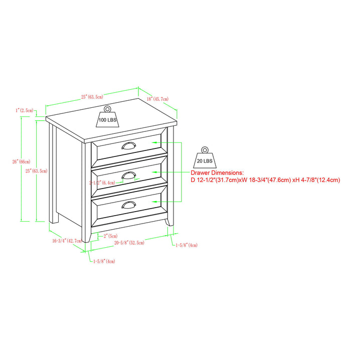 Transitional Farmhouse Framed 3 Drawer Nighstand With Cup Handles