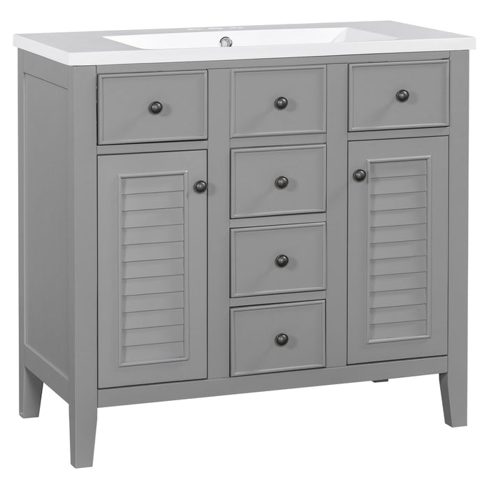 Bathroom Vanity With Ceramic Basin, Two Cabinets And Five Drawers, Solid Wood Frame, Gray