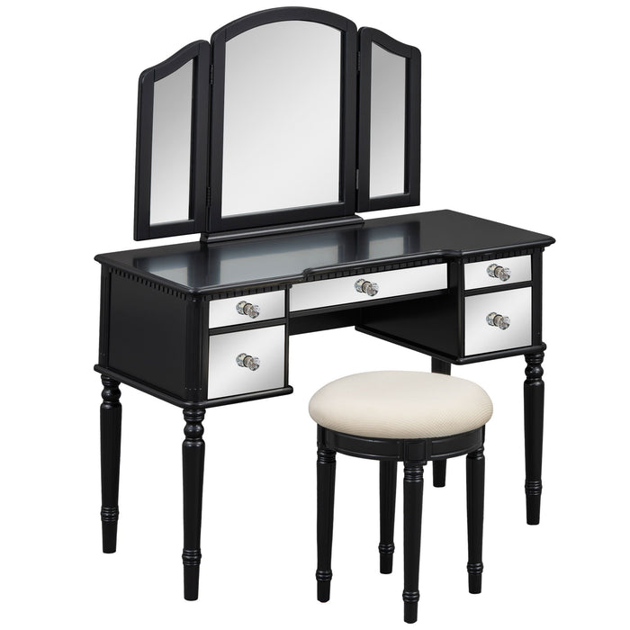 Dressing Table Set With Mirrored Drawers And Stool, Tri-Fold Mirror, Makeup Vanity Set For Bedroom