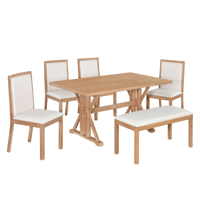 Topmax - 6 Piece Farmhouse Classical Dining Table Set With Trestle Legs, Kitchen Table Set For 6 With 4 Upholstered Dining Chairs And Bench