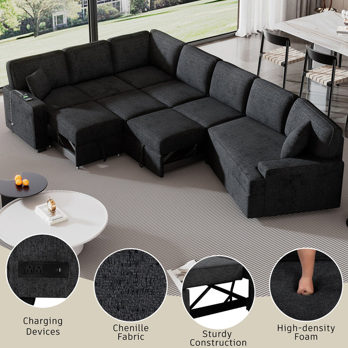 L-Shaped Sofa Sectional Sofa Couch Pull-Out Sofa Bed With Charging Devices And Cup Holders For Living Room