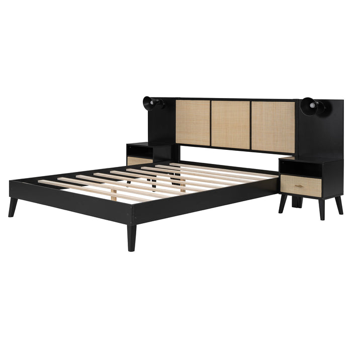 Solid Wood Bed Frame With 2 Nightstands, Elegant Design With Lamps, Rattan And Wood Combination