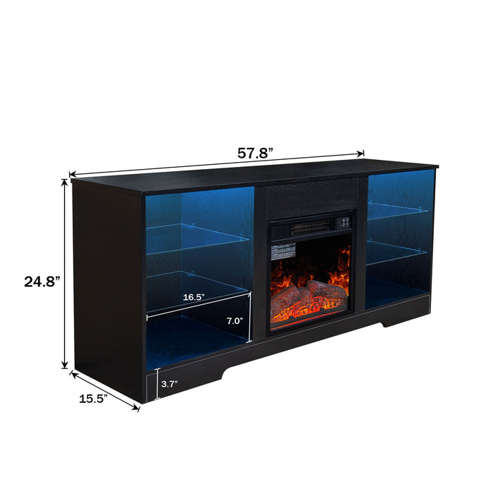 57.8" Fireplace TV Stand With 18" Electric Fireplace Heater, Modern Entertainment Center For TVs Up To 62" With Adjustable Glass Shelves And Storage Cabinets