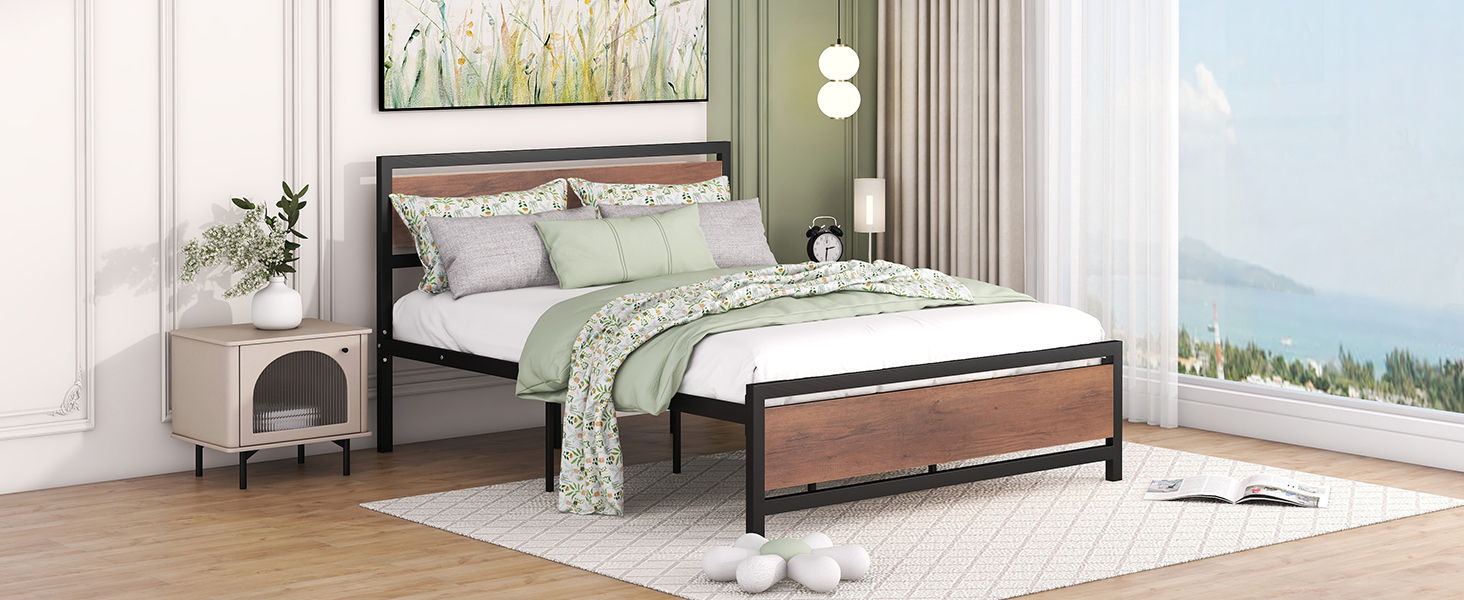 Platform Bed, Metal And Wood Bed Frame With Headboard And Footboard