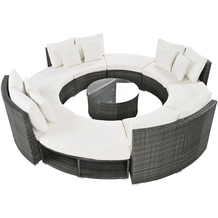 Outdoor Patio Furniture Luxury Circular Sofa Set Rattan Wicker Sectional Sofa Lounge Set With Tempered Glass Coffee Table, 6 Pillows