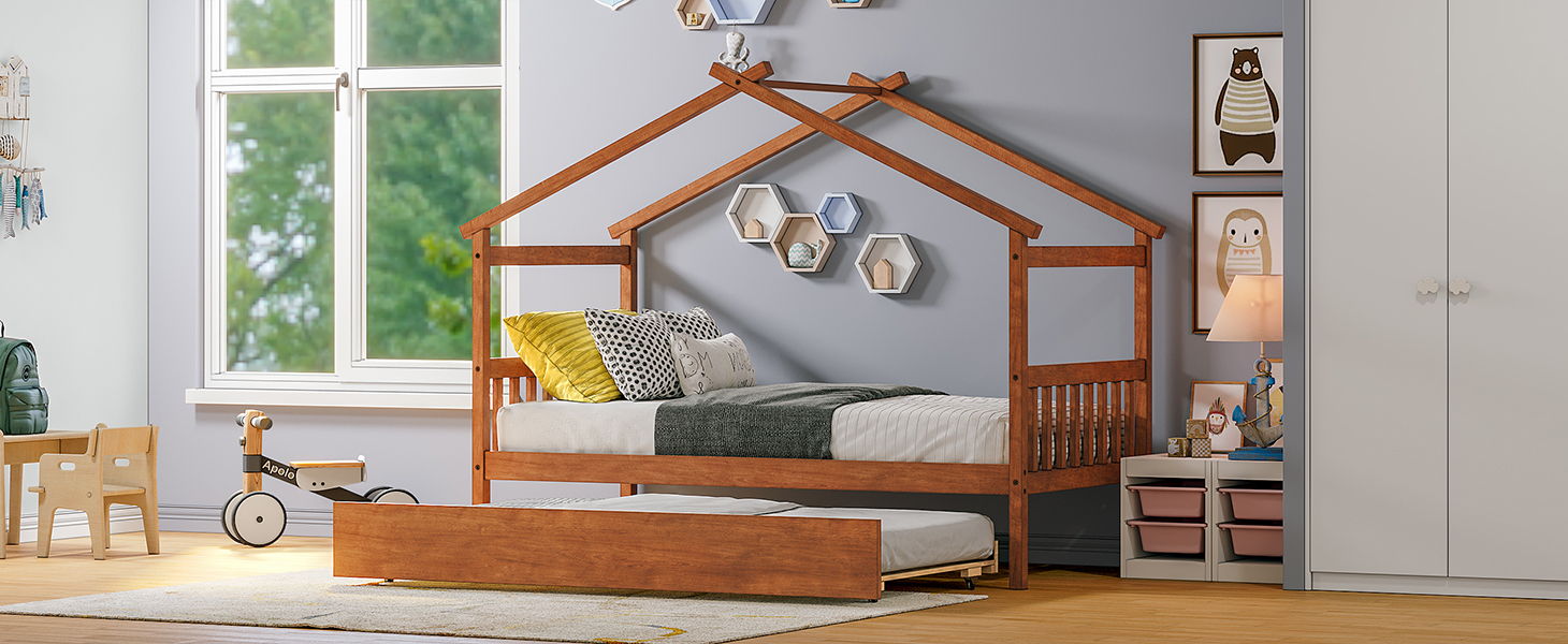 Twin Size Wooden House Bed With Twin Size Trundle Walnut