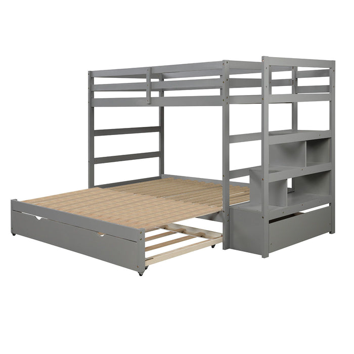 Twin Over Twin / King (Irregular King Size) Bunk Bed With Twin Size Trundle, Extendable Bunk Bed - Gray