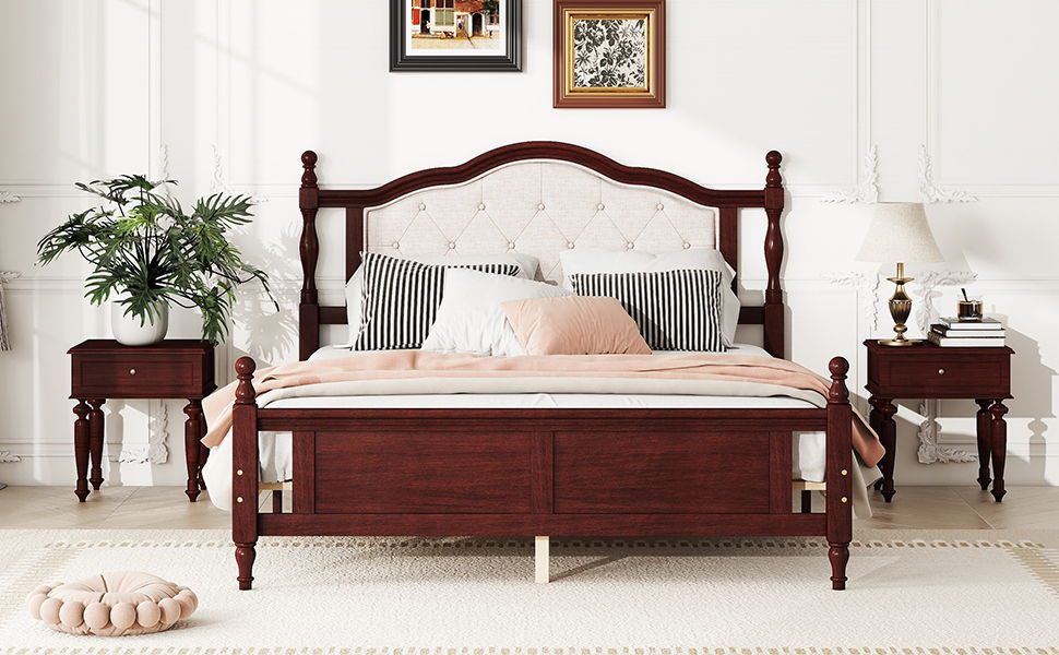 Pine Wooden Bed With Upholstered Headboard And Panel Footboard, With Two Bed Rail Support Feet And Central Platform Support Feet