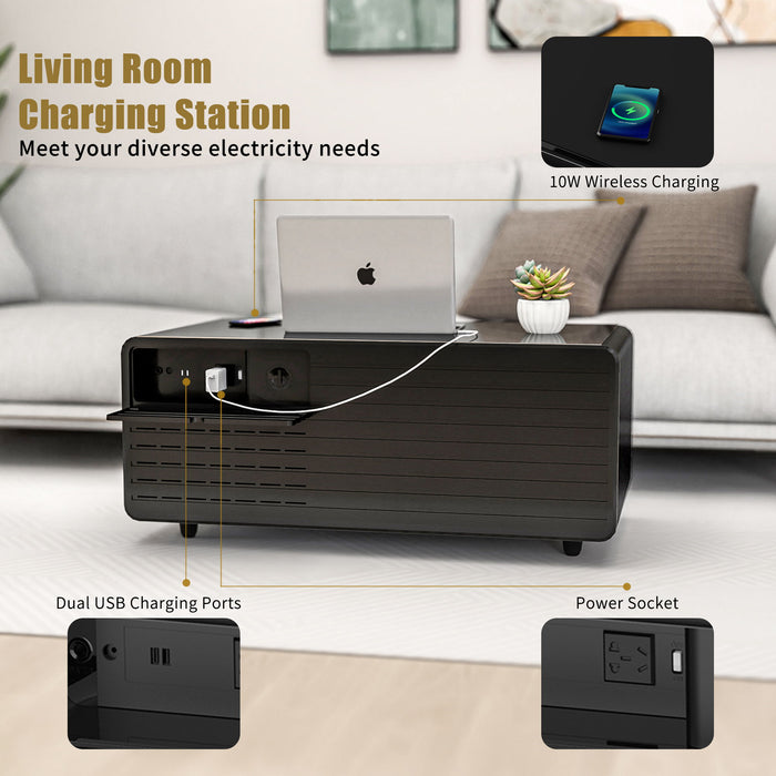 Modern Smart Coffee Table With Built In Fridge, Outlet Protection, Wireless Charging, Mechanical Temperature Control, Power Socket, USB Interface And Ice Water Interface