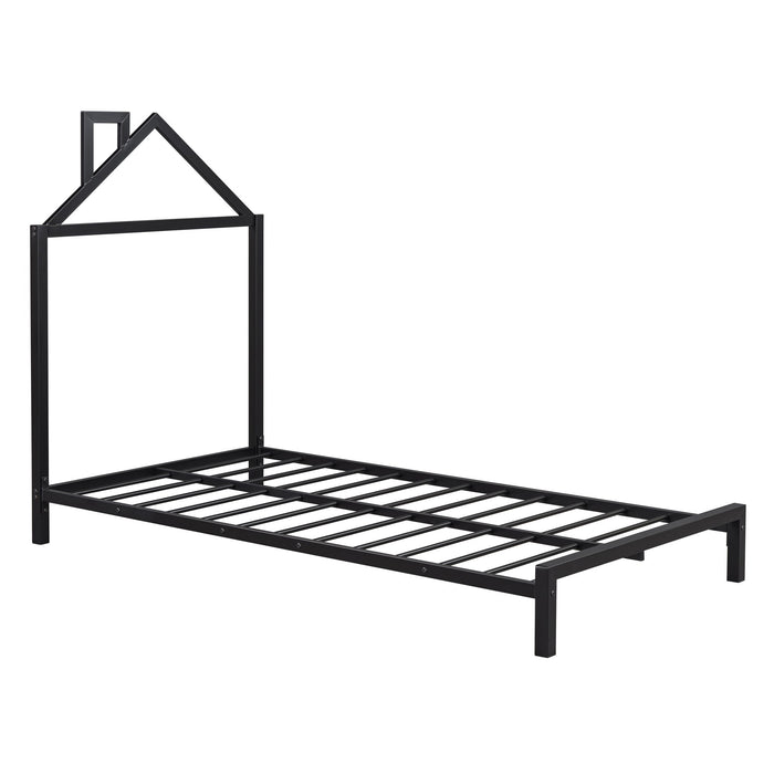 Twin Size Metal Platform Bed With House-Shaped Headboard Design