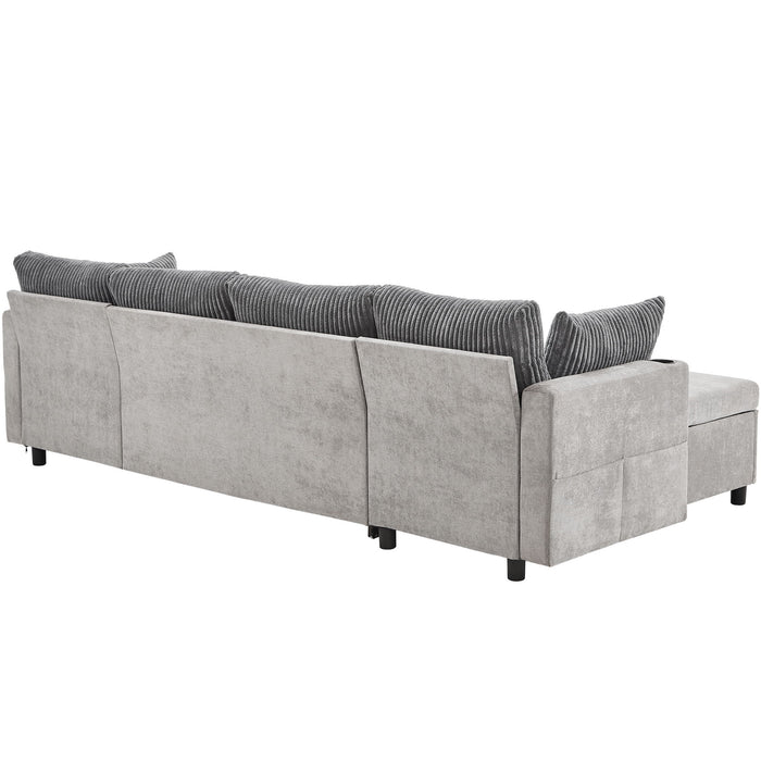 Sectional Sofa Pull Out Sofa Bed Versatile Sofa Sleeper With Large Storage Space, Two USB Ports And Two Cup Holders For Living Room