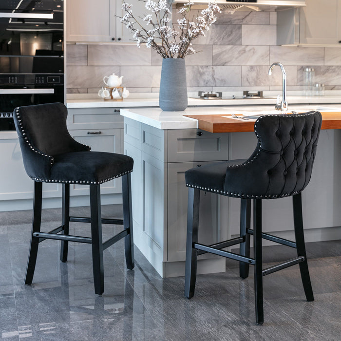 Contemporary Velvet Upholstered Wing-Back Barstools With Button Tufted Decoration And Wooden Legs, And Chrome Nailhead Trim, Leisure Style Bar Chairs, Bar Stools (Set of 4)