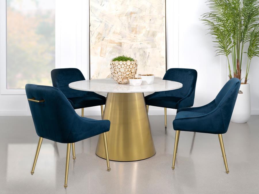 Ambrose - Round Dining Table Genuine Marble With Stainless Steel - White And Gold