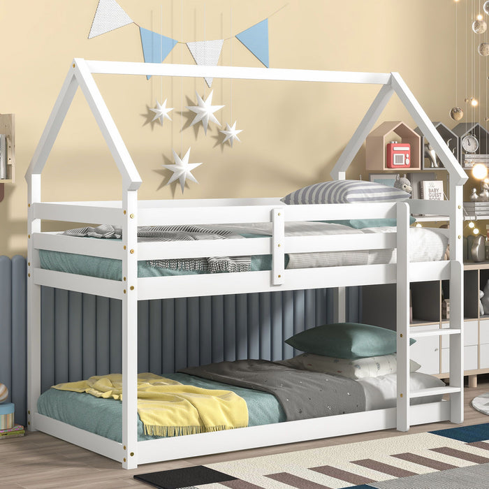 Twin Over Twin Loft Bed With Roof Design, Safety Guardrail, Ladder