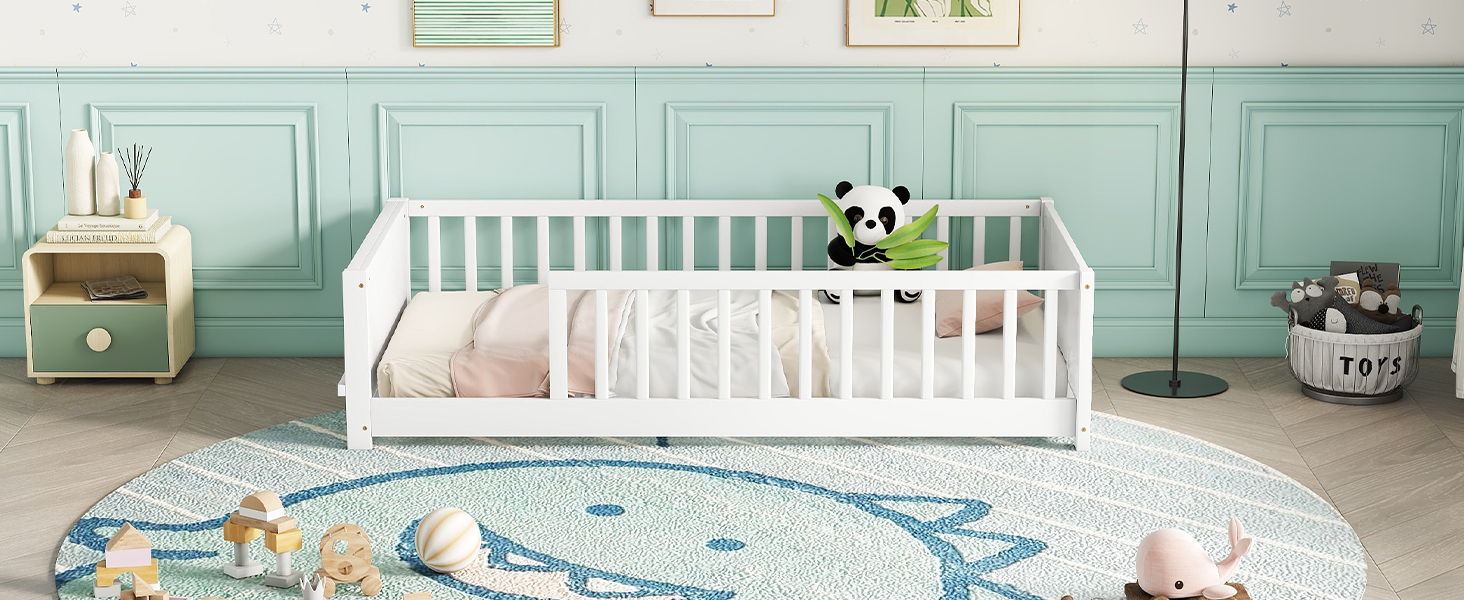 Floor Platform Bed With Built-In Book Storage Rack