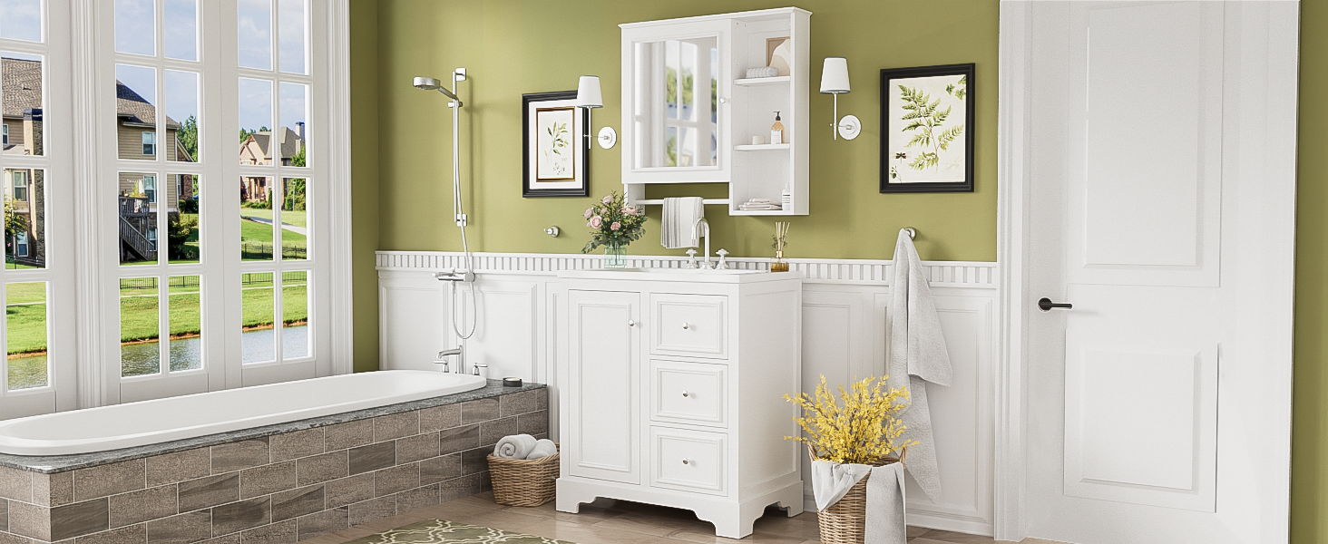 Bathroom Vanity With Sink, Modern Elegant Bathroom Storage Cabinet With 3 Drawers And Adjustable Shelves, Freestanding Vanity Set With Mirror Cabinet, Single Sink Bathroom Vanity