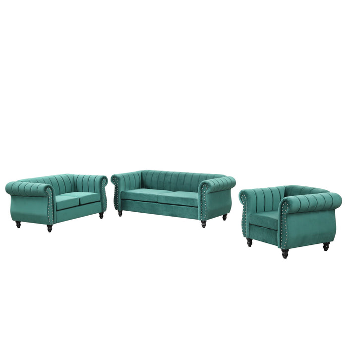 Modern Three Piece Sofa Set With Solid Wood Legs, Buttoned Tufted Backrest - Frosted Velvet Upholstered Sofa Set Including Three Seater Sofa, Double Seater And Living Room Furniture Set Single Chair