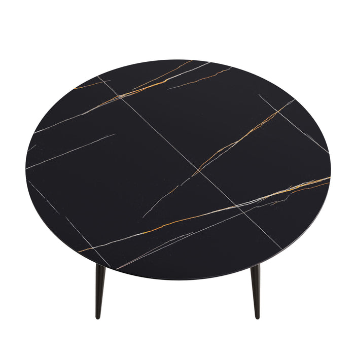 Modern Man-Made Stone Round Metal Dining Table-Position For 6 People - Black