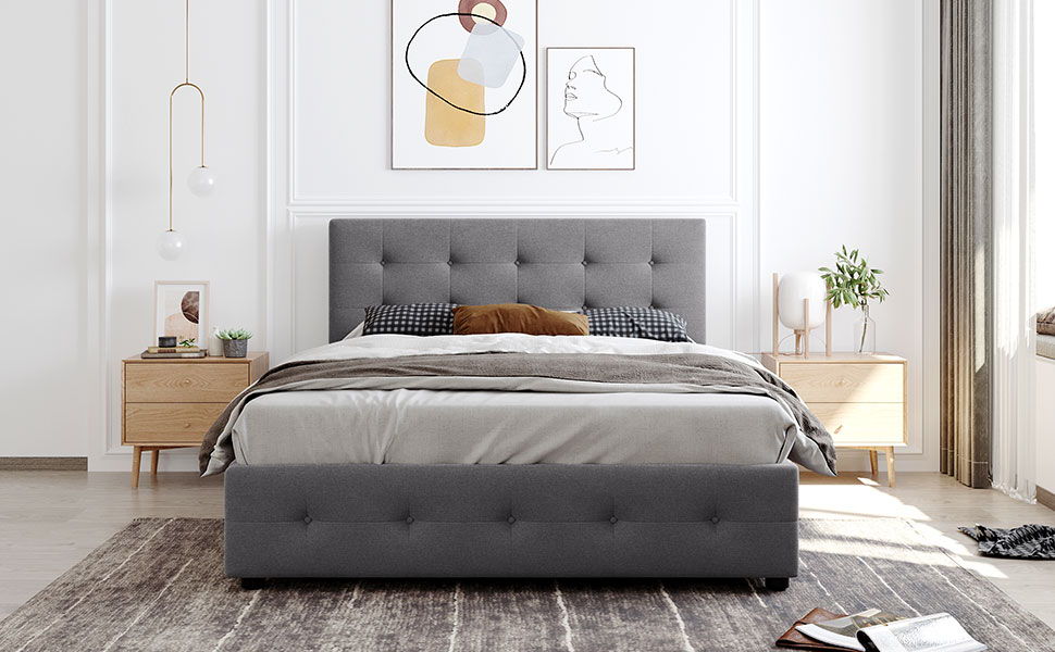 Queen Size Upholstered Platform Bed With Classic Headboard And 4 Drawers, No Box Spring Needed - Light Gray