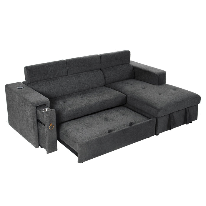 Multi-Functional Pull-Out Sofa Bed L-Shape Sectional Sofa With Adjustable Headrest, Wireless Charging, Cup Holders And Hidden Storage For Living Room