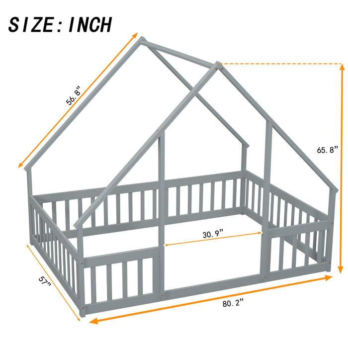 Wood House-Shaped Floor Bed With Fence, Guardrails