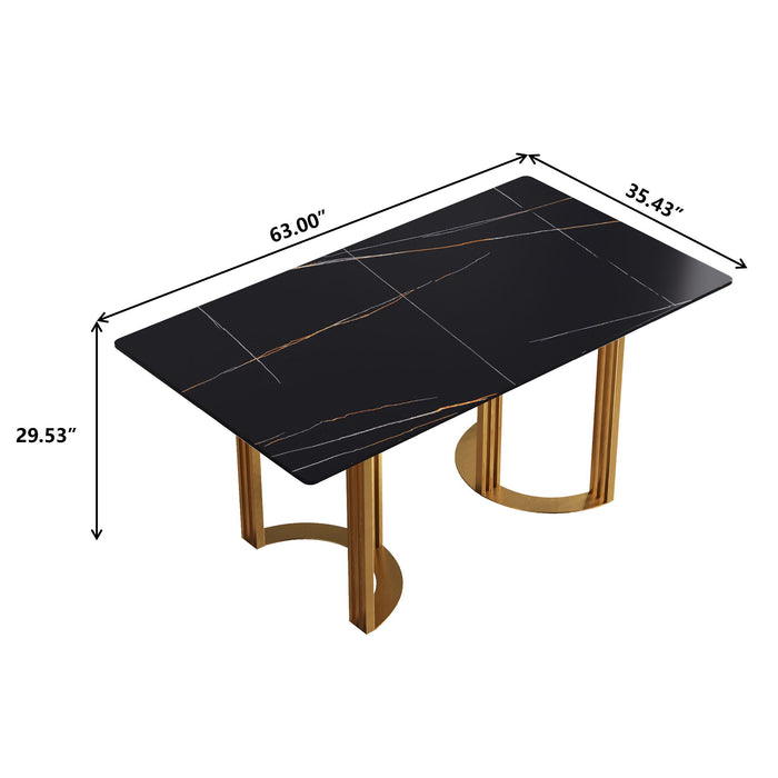 63" Modern Artificial Stone Black Straight Edge Golden Metal Leg Dining Table, 6 People - Black