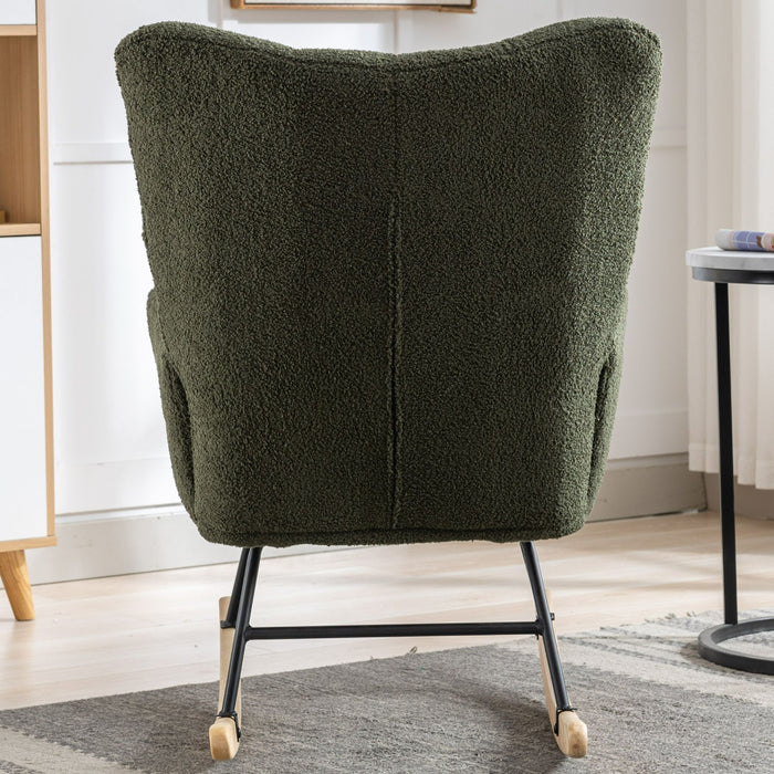 30.3" Rocking Chair With Pocket, Soft Teddy Fabric Rocking Chair For Nursery, Comfy Wingback Glider Rocker With Safe Solid Wood Base For Living Room Bedroom Balcony - Dark Green