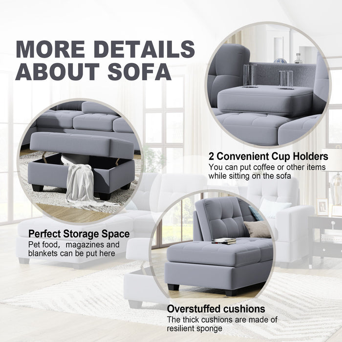 Sectional Sofa With Reversible Chaise Lounge, L-Shaped Couch With Storage Ottoman And Cup Holders