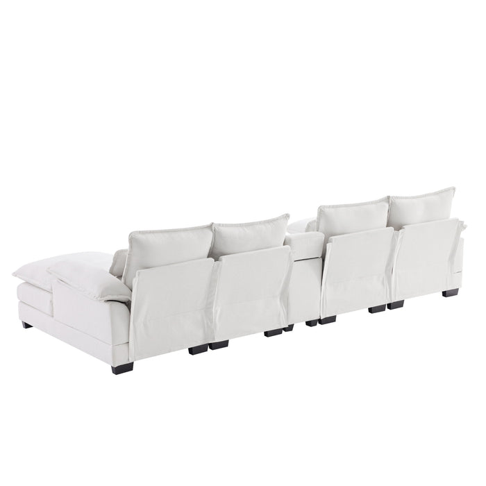 Modern U-Shaped Sofa With Console, Cupholders And USB Ports, 6 Seat Upholstered Symmetrical Indoor Furniture, Sleeper Couch Set With Chaise For Living Room